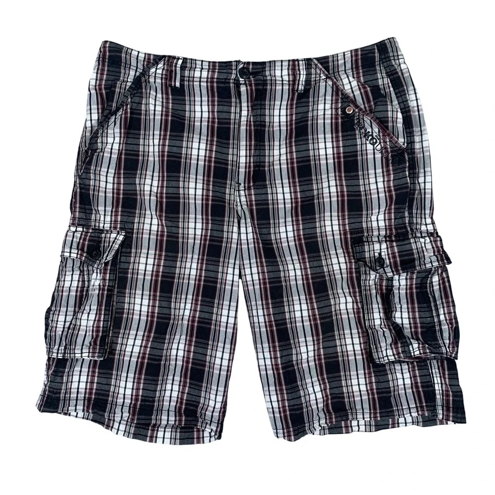 Ecko Unltd Cargo Shorts Mens 38 Black Plaid Cotton Multi Pocket Y2K Skate